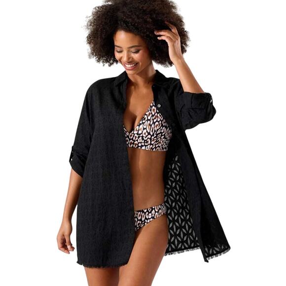 TOMMY BAHAMA Boyfriend Shirt Swim Cover Up Medium Black Cotton Clip Jacquard NWT - Picture 2 of 10